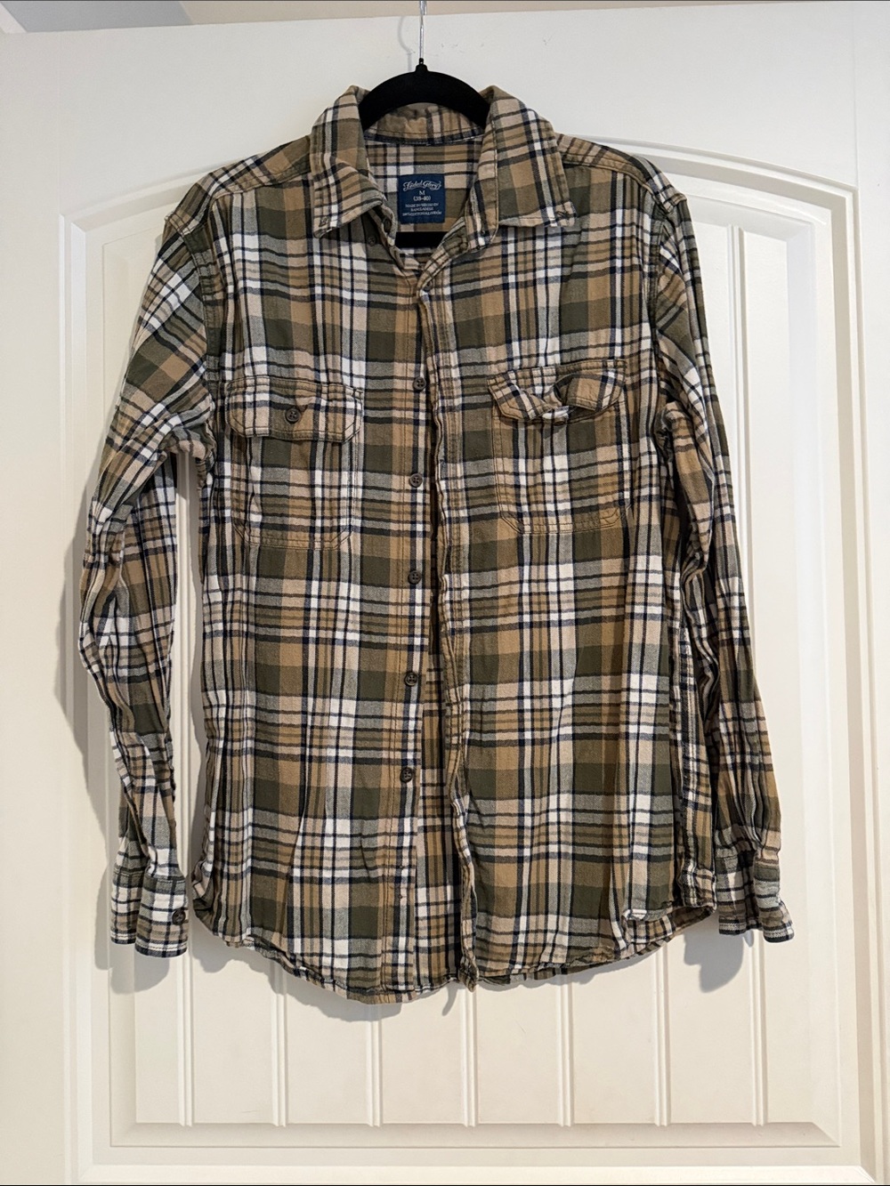 Faded Glory Green, Tan & White Plaid Button-Down Shirt Medium